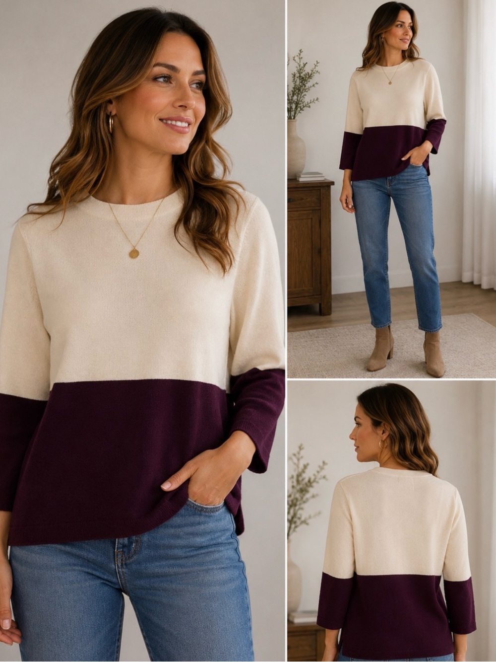 Talbots 100%Pure Merino Wool Cream and Plum Colorblock Crewneck Sweater